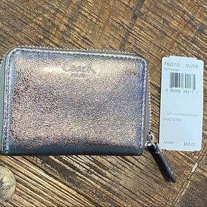 NWT Coach Silver Metallic Card Zip Leather Wallet F62010